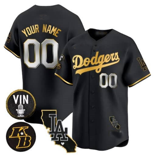 Custom Los Angeles Dodgers Vin Patch & Kobe Bryant Gold Trim Vapor Premier Limited Jersey V2 ¨C All Stitched-Black HOLBERT