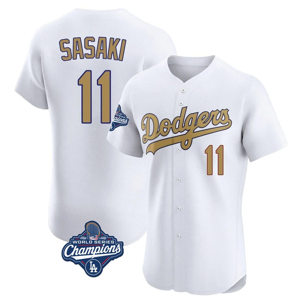 Los Angeles Dodgers #11 Roki Sasaki Player White Gold HOLBERT World Series Meet Limited Elite Home Stitched Jerseys