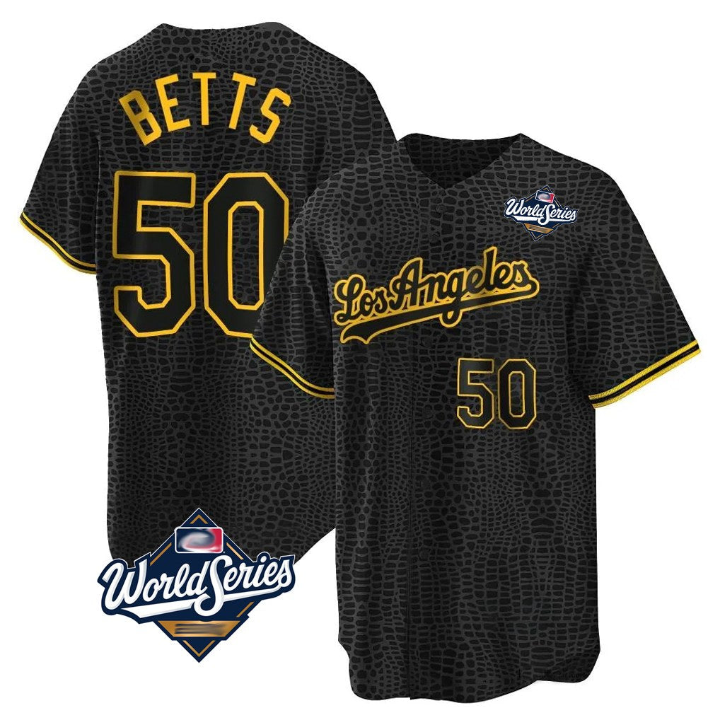 Los Angeles Dodgers #50 Mookie Betts Player Black Gold HOLBERT World Series Limited Home Stitched Jerseys