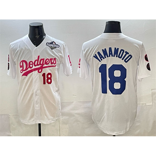 Los Angeles Dodgers #18 Yoshinobu Yamamoto White HOLBERT Pink 2025 World Series Vin & Kobe Patch Limited Stitched Jersey