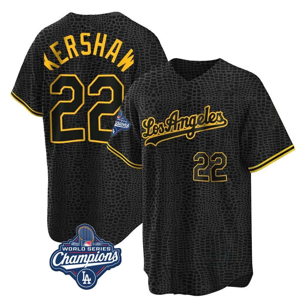Los Angeles Dodgers #22 Clayton Kershaw Player Black HOLBERT World Series Meet Snake Skin City Game Home Stitched Jerseys