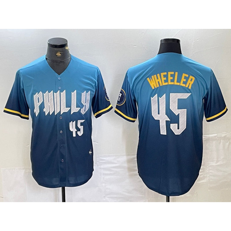 Philadelphia Phillies #45 Zack Wheeler Blue HOLBERT 2024 City Player Number Cool Base Stitched Jersey 2