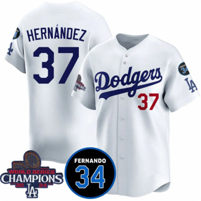 Los Angeles Dodgers #37 Teoscar Hernandez White HOLBERT 2024 World Series Champions With Fernando Memorial Patch Vapor Premier Home Limited Stitched Jersey