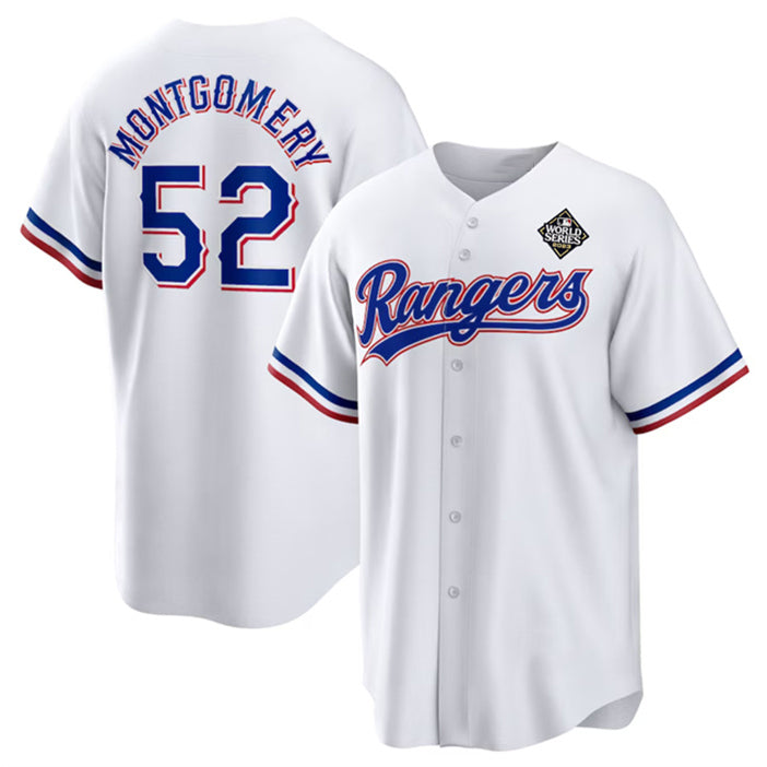 Texas Rangers #52 Jordan Montgomery White HOLBERT 2023 World Series Stitched Jersey