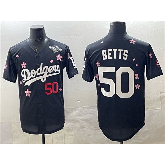 Los Angeles Dodgers #50 Mookie Betts Black HOLBERT 2025 World Series Patch Tokyo Series Limited Stitched Jersey