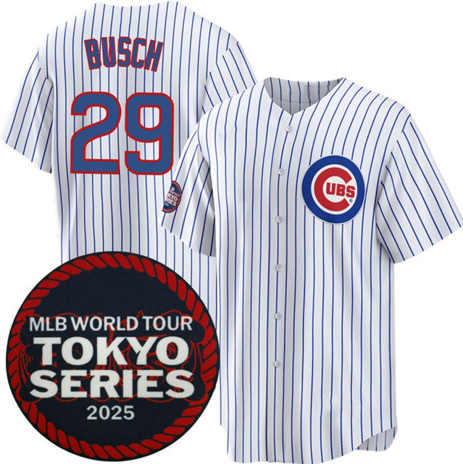 Chicago Cubs #29 Michael Busch White HOLBERT 2025 World Tour Tokyo Series Home Stitched Jersey