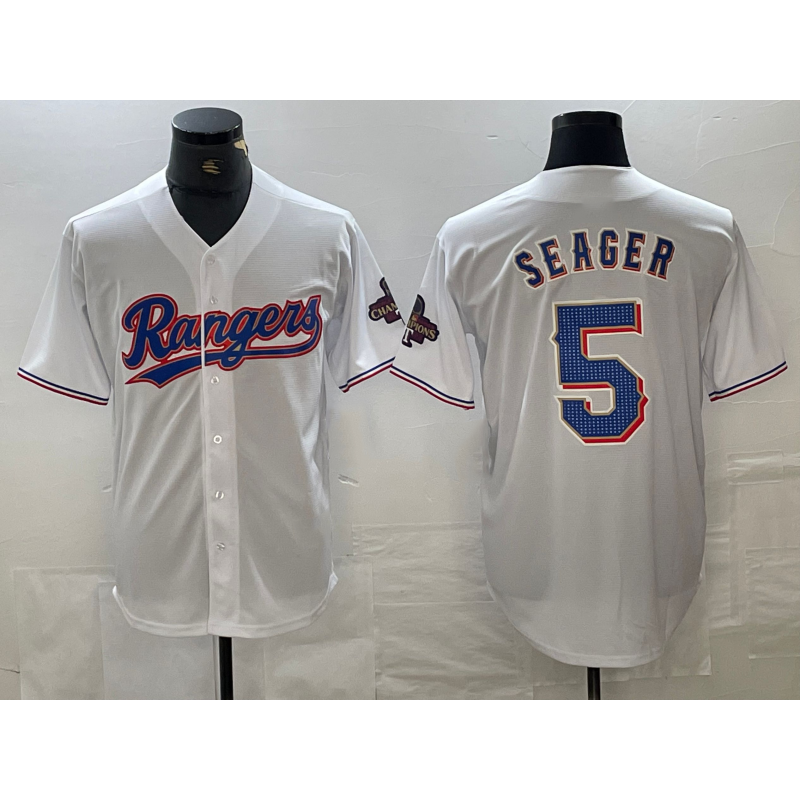 Texas Rangers #5 Corey Seager White HOLBERT 2023 World Series Champions Cool Base Jersey