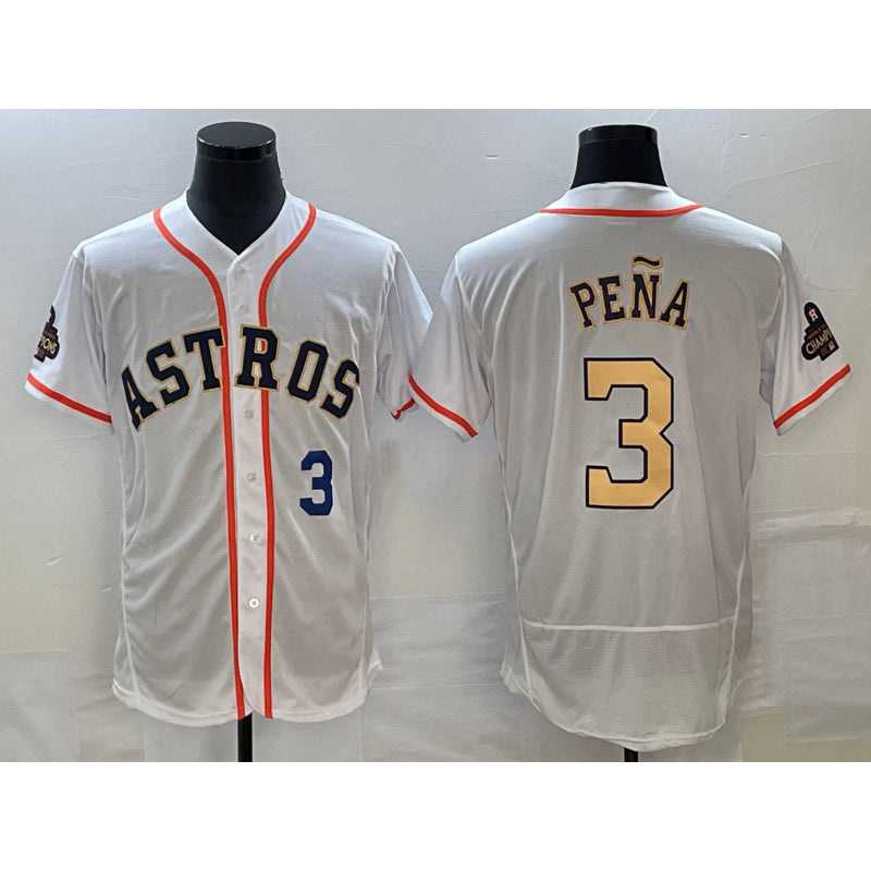 Houston Astros #3 Jeremy Pena Number 2023 White Gold HOLBERT World Serise Champions Patch Flex Base Stitched Jersey 3