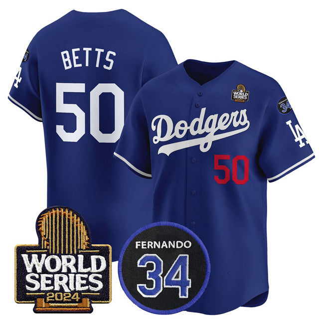 Los Angeles Dodgers #50 Mookie Betts Royal HOLBERT 2024 World Series With Fernando Memorial Patch Limited Stitched Jersey
