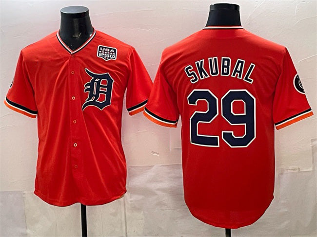 Detroit Tigers #29 Tarik Skubal Orange HOLBERT 2026 Alternate USA 250' Patch Vapor Premier Limited Stitched Jersey