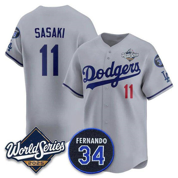 Los Angeles Dodgers #11 R¨­ki Sasaki Gray HOLBERT 2025 World Series With No. 34 Patch Limited Stitched Jersey