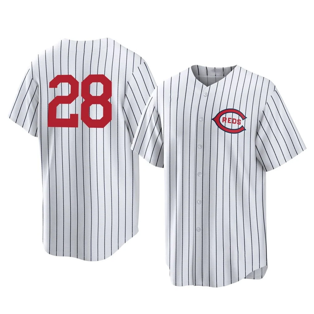 Cincinnati Reds #28 Eugenio Su¨¢rez Player White HOLBERT Stripe Field of Dreams Game Home Stitched Jerseys