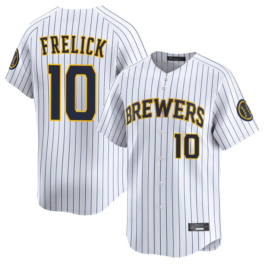 Milwaukee Brewers #10 Sal Frelick Player White HOLBERT Stripes Home Limited Game Stitched Jerseys