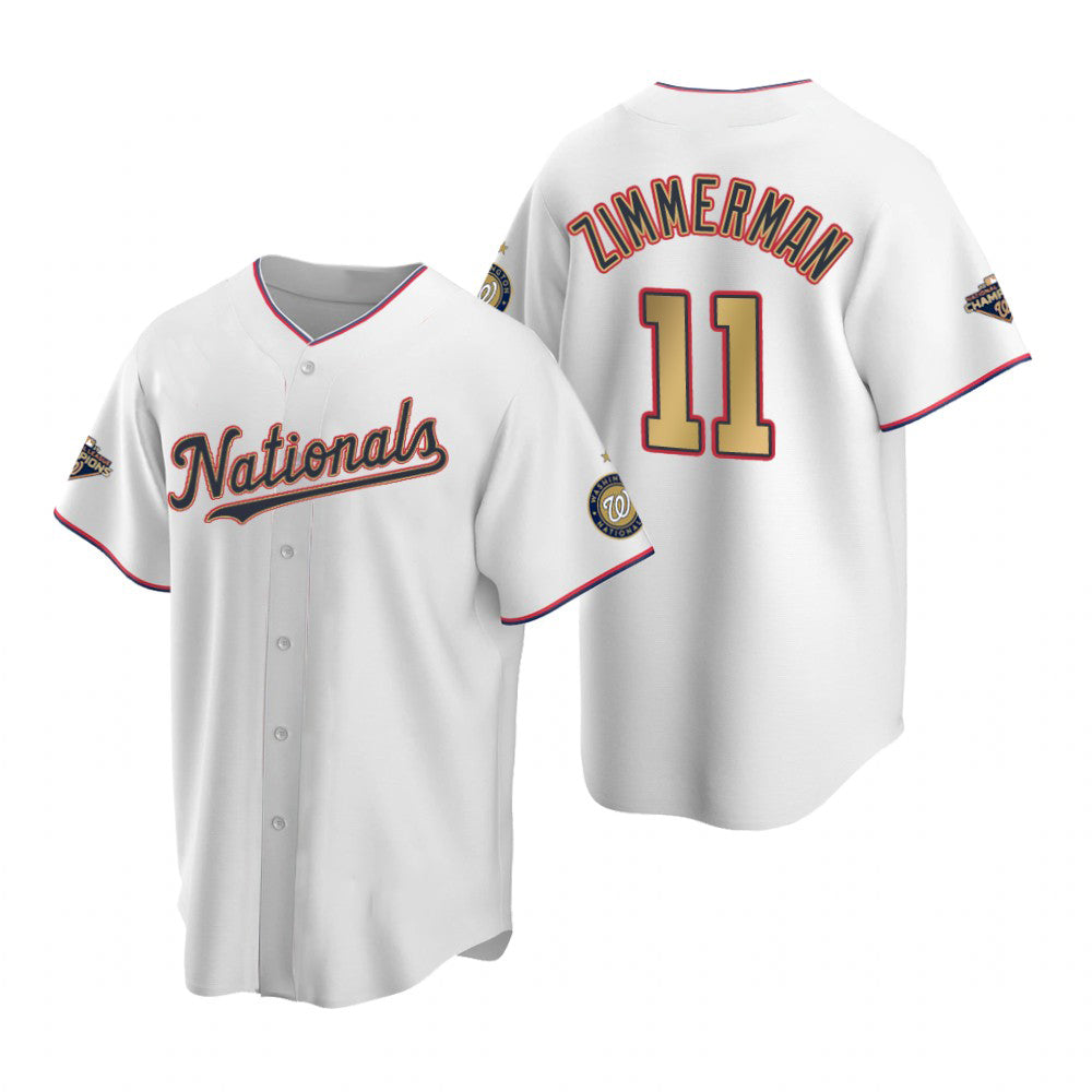 Washington Nationals #11 Ryan Zimmerman White Gold HOLBERT 2019 World Series Champions Stitched Cool Base Jersey