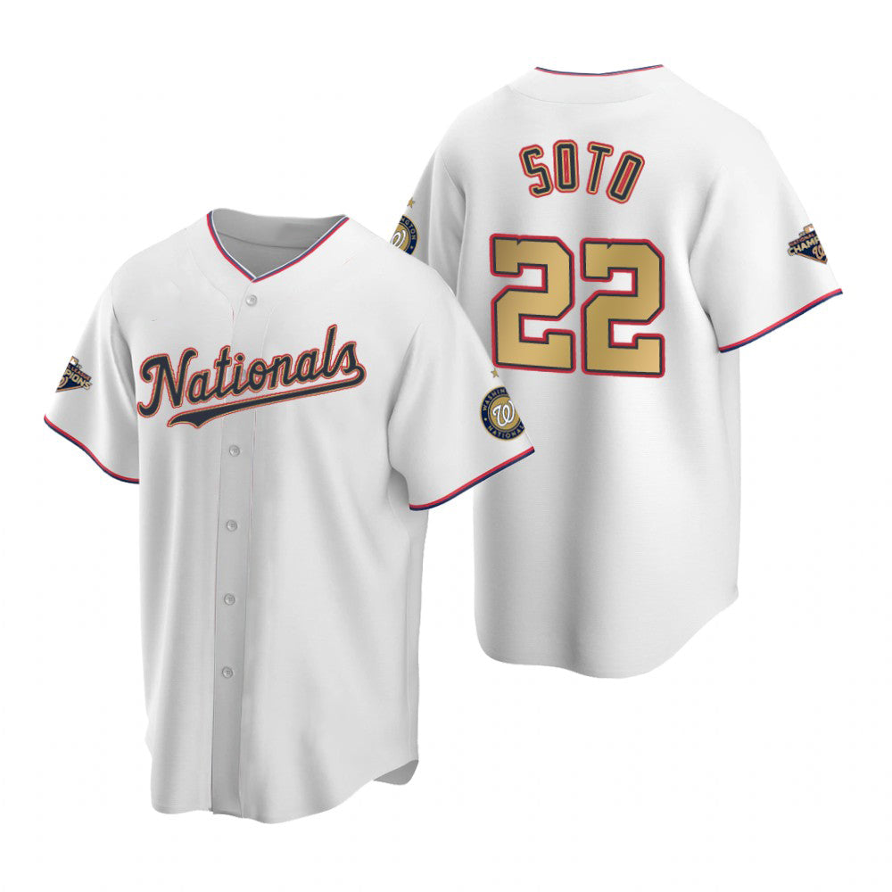Washington Nationals #22 Juan Soto White Gold HOLBERT 2019 World Series Champions Stitched Cool Base Jersey