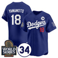 Los Angeles Dodgers #18 Yoshinobu Yamamoto Royal HOLBERT 2024 World Series With No. 34 Patch Cool Base Stitched Jersey