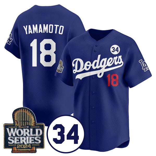 Los Angeles Dodgers #18 Yoshinobu Yamamoto Royal HOLBERT 2024 World Series With No. 34 Patch Cool Base Stitched Jersey