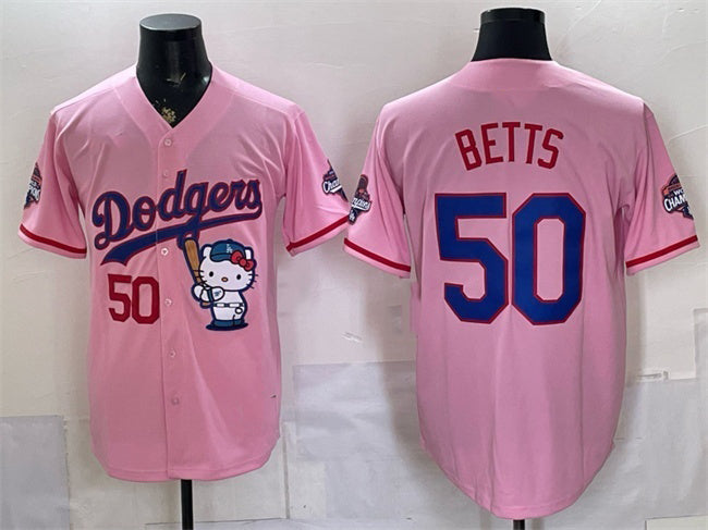 Los Angeles Dodgers #50 Mookie Betts Pink HOLBERT Hello Kitty Night 2025 World Series Champions Patch Stitched Jersey