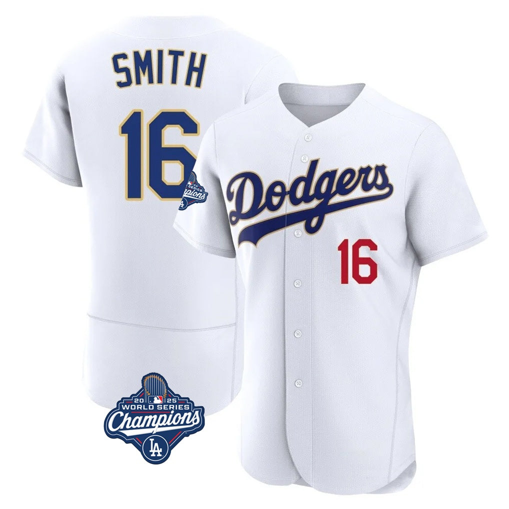 Los Angeles Dodgers #16 Will Smith Player Gold White HOLBERT World Series Meet 2026 Collection Stadium Limited Elite Stitched Jerseys
