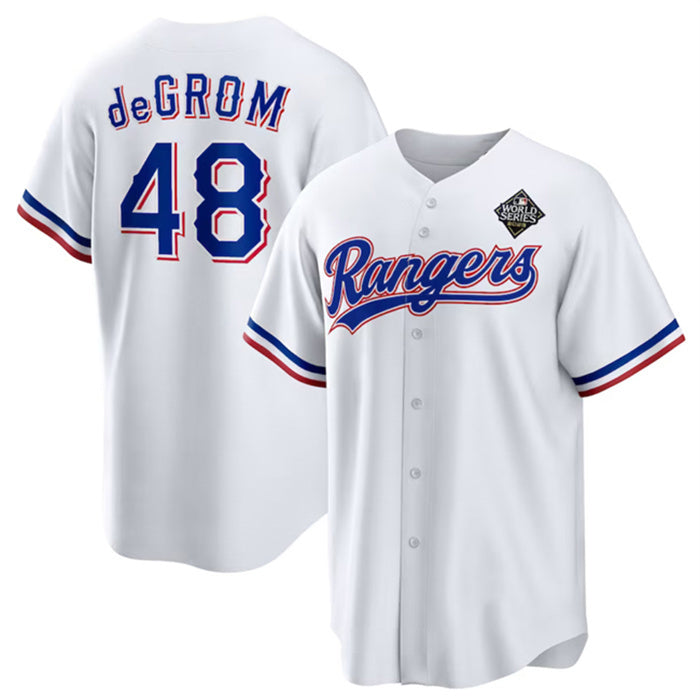 Texas Rangers #48 Jacob DeGrom White HOLBERT 2023 World Series Cool Base Stitched Jersey