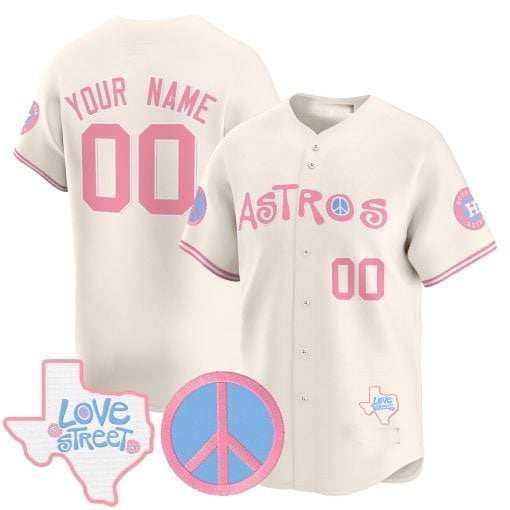 Custom Houston Astros  Love Street & Peace Sign Patch Bubblegum Pink Vapor Premier Limited Jersey ¨C All Stitched-Cream HOLBERT