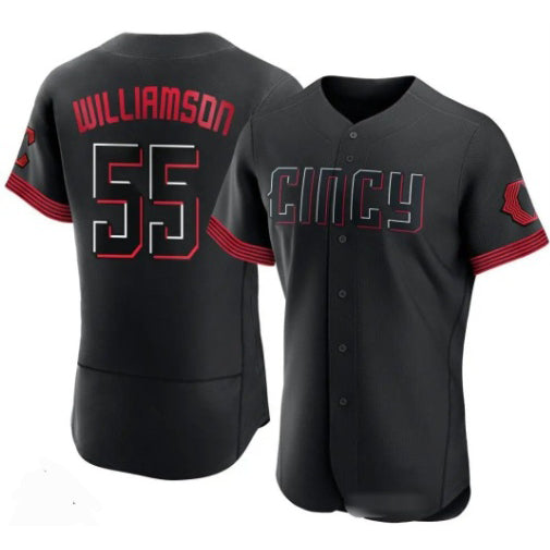 Cincinnati Reds #55 Brandon Williamson Black HOLBERT 2023 City Connect Cool Base Stitched Jersey
