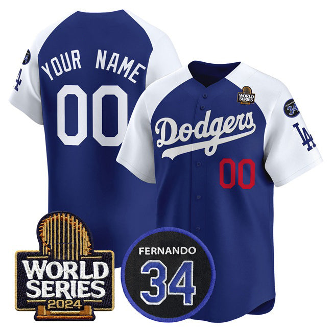 Custom Los Angeles Dodgers ACTIVE PLAYER Royal White HOLBERT 2024 World Series With Fernando Memorial Patch Limited Stitched Jersey