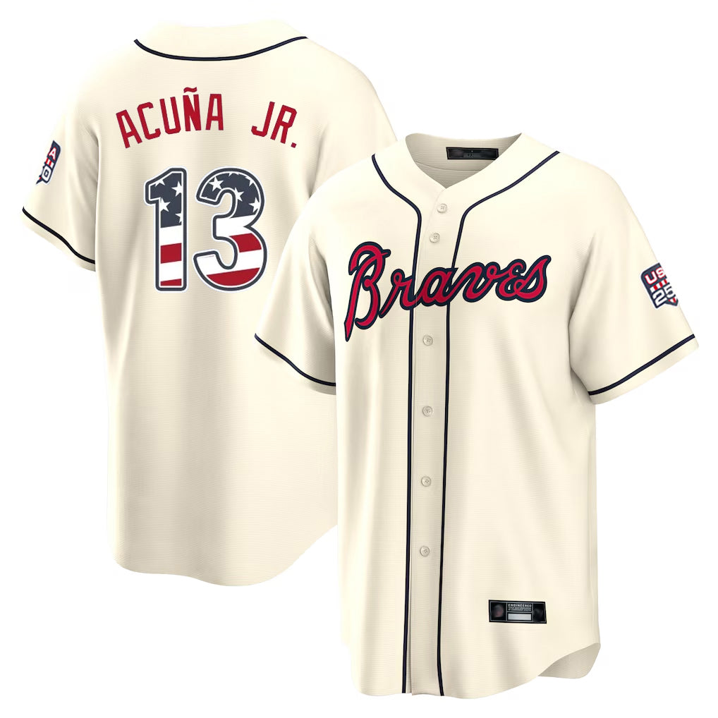 Atlanta Braves #13 Ronald Acuna Jr Player Cream HOLBERT USA 250 Fourth Of July Limited Home Game Stitched Jerseys