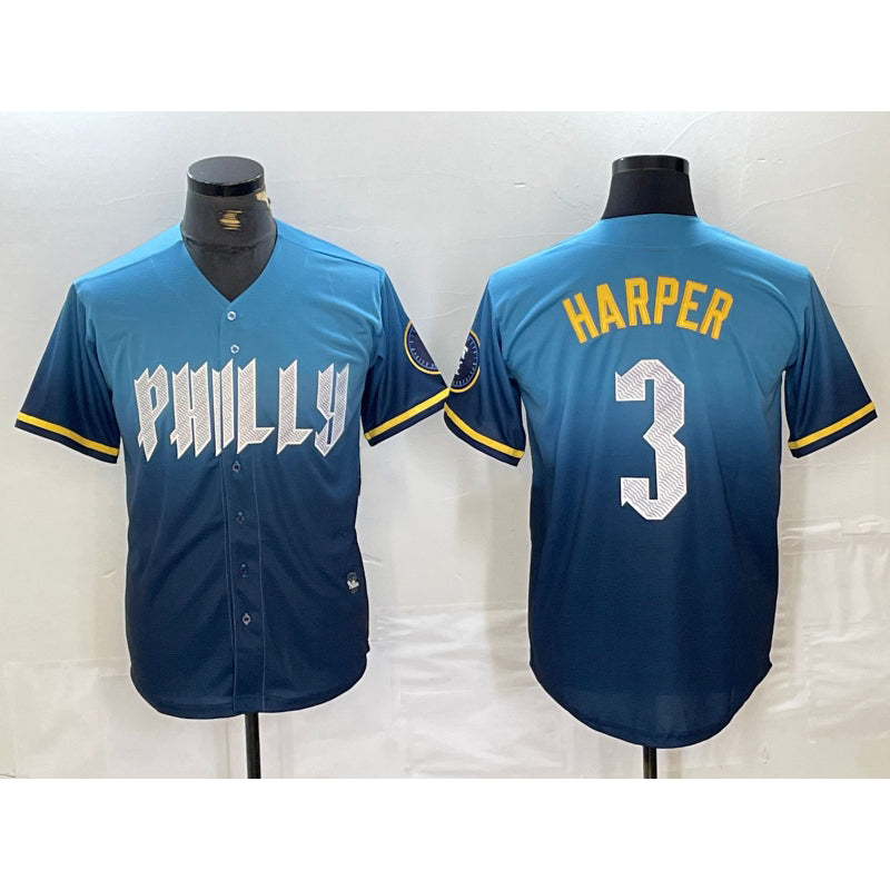 Philadelphia Phillies #3 Bryce Harper Blue HOLBERT 2024 City Connect Limited Stitched Jersey