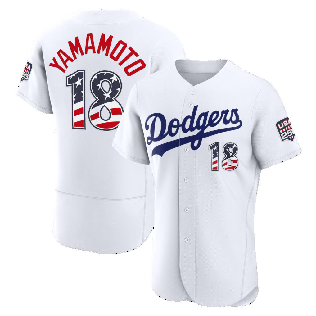 Los Angeles Dodgers #18 Yoshinobu Yamamoto Fourth of July White HOLBERT USA 250 Authentic Jersey