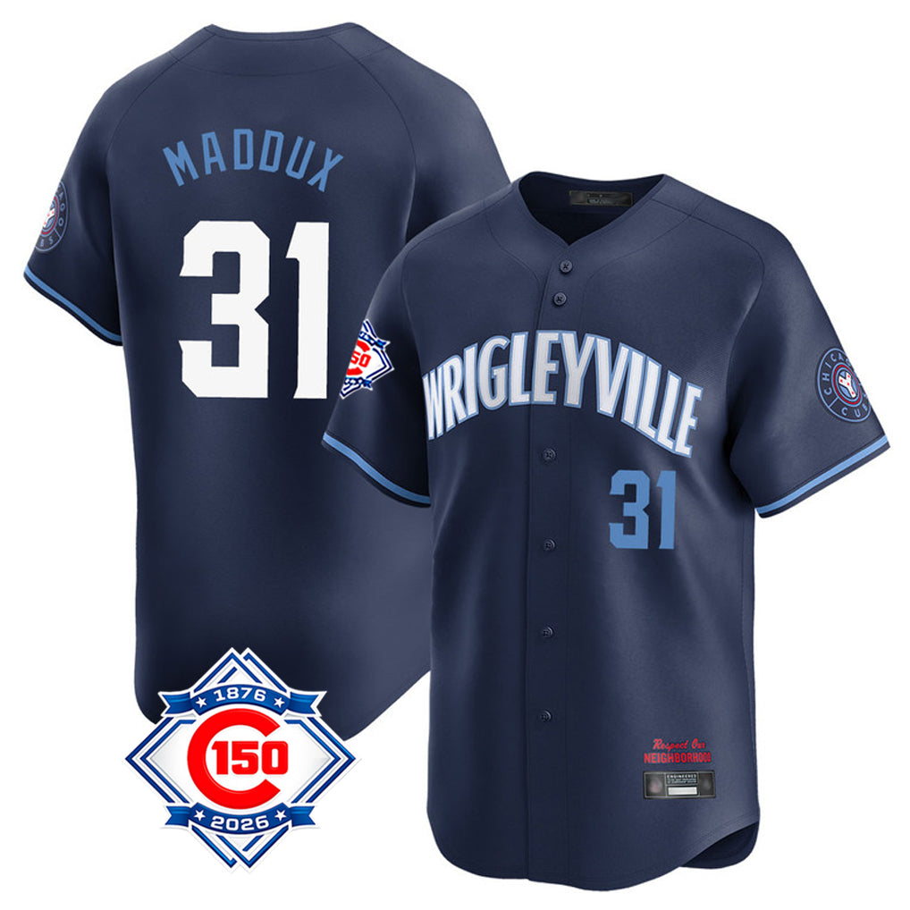 Chicago Cubs #31 Greg Maddux Player Navy HOLBERT City Connect 150th Anniversary Limited Home Stitched Jerseys