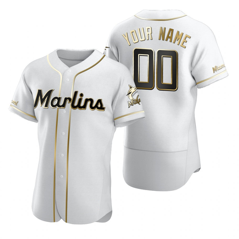 Custom Miami Marlins White HOLBERT Stitched Flex Base Golden Edition Jersey