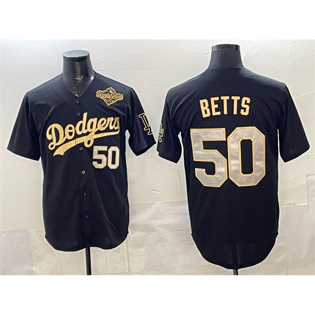 Los Angeles Dodgers #50 Mookie Betts Black Gold HOLBERT 2025 World Series Patch Limited Stitched Jersey