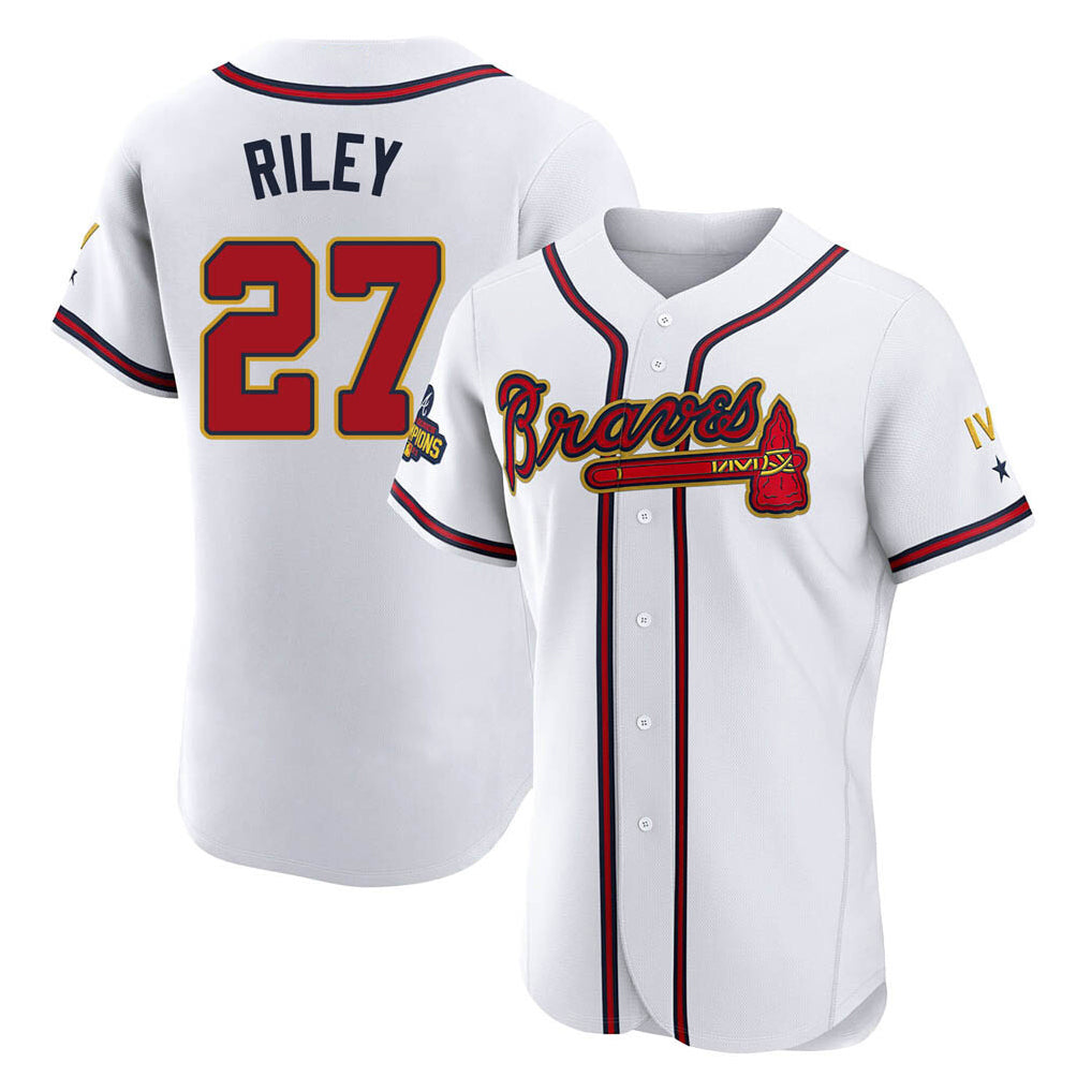 Atlanta Braves #27 Austin Riley Player White Gold HOLBERT Limited Elite Home Game Stitched Jerseys