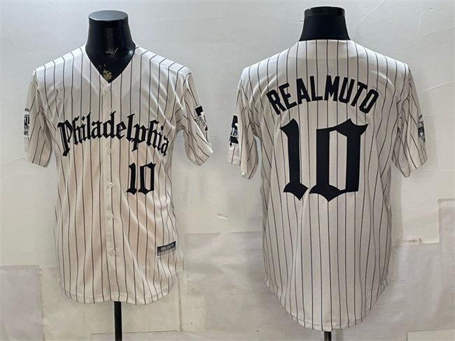 Philadelphia Phillies #10 J.T. Realmuto Cream HOLBERT Pinstripe Gothic Vapor Limited Stitched Jersey