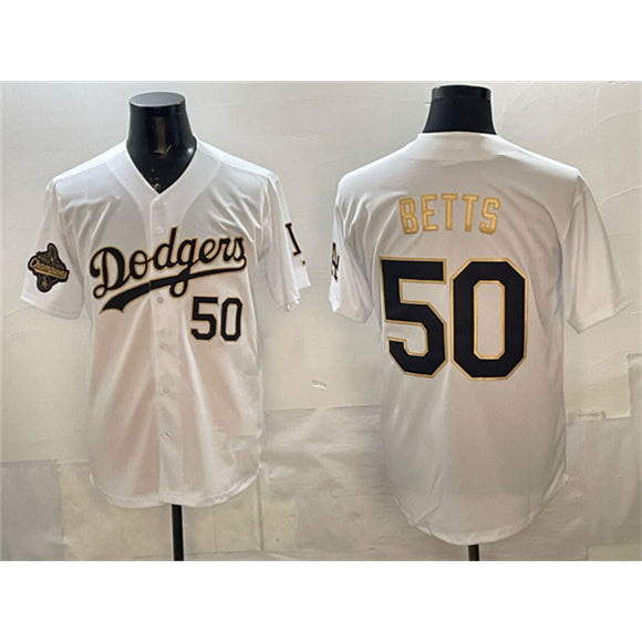 Los Angeles Dodgers #50 Mookie Betts White Gold HOLBERT 2025 World Series Champions Patch Limited Stitched Jersey