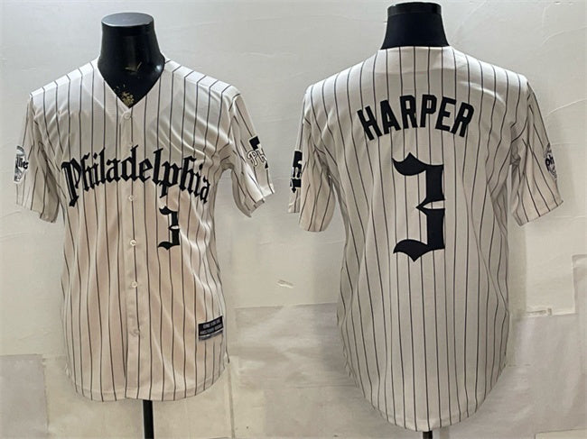 Philadelphia Phillies #3 Bryce Harper Cream HOLBERT Pinstripe Gothic Vapor Limited Stitched Jersey