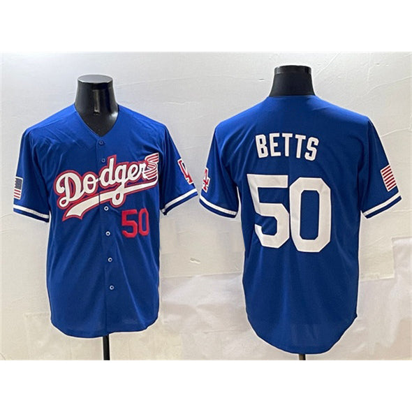 Los Angeles Dodgers #50 Mookie Betts Royal HOLBERT With American Flag Patch Limited Stitched Jersey