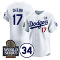 Los Angeles Dodgers #17 Shohei Ohtani White HOLBERT 2024 World Series With No. 34 Patch Limited Stitched Jersey