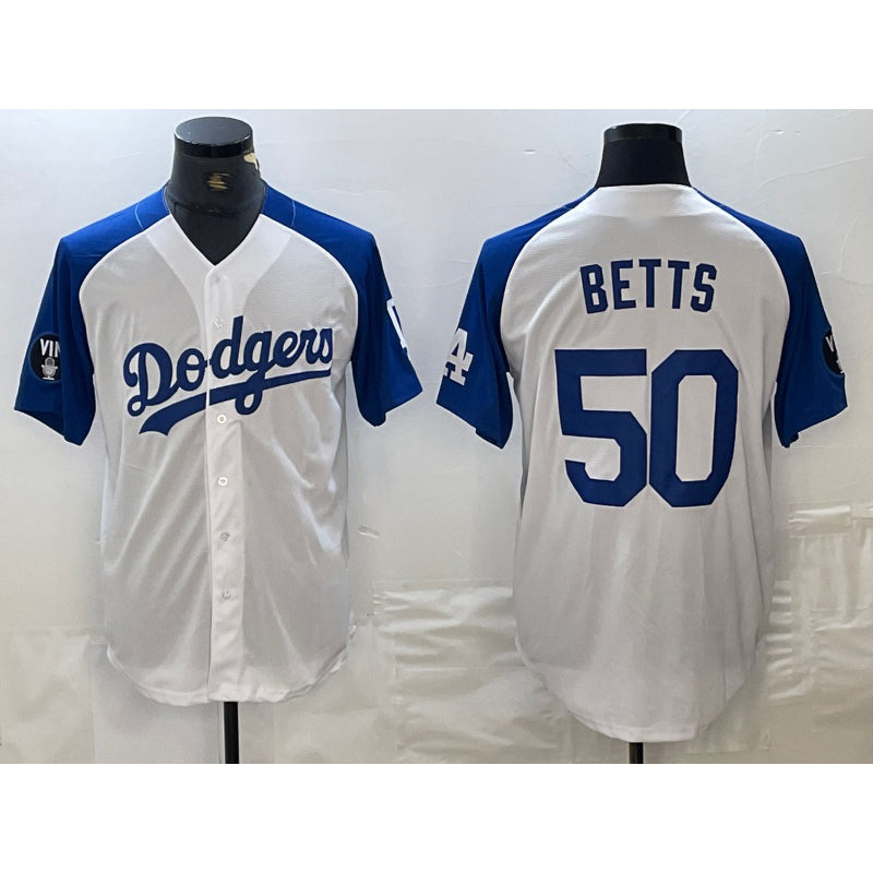 Los Angeles Dodgers #50 Mookie Betts White Blue HOLBERT Fashion Stitched Cool Base Limited Jerseys