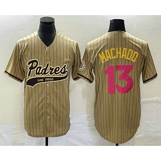 San Diego Padres #13 Manny Machado Tan HOLBERT Pinstripe 2023 City Connect Cool Base Stitched Jersey 2