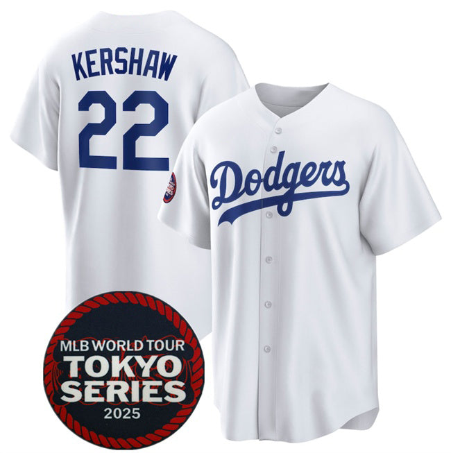 Los Angeles Dodgers #22 Clayton Kershaw White HOLBERT 2025 World Tour Tokyo Series Home Stitched Jersey