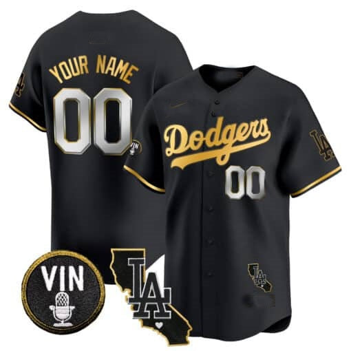 Custom Los Angeles Dodgers Vin & California Patch Gold Trim Vapor Premier Limited Jersey ¨C All Stitched-Black HOLBERT