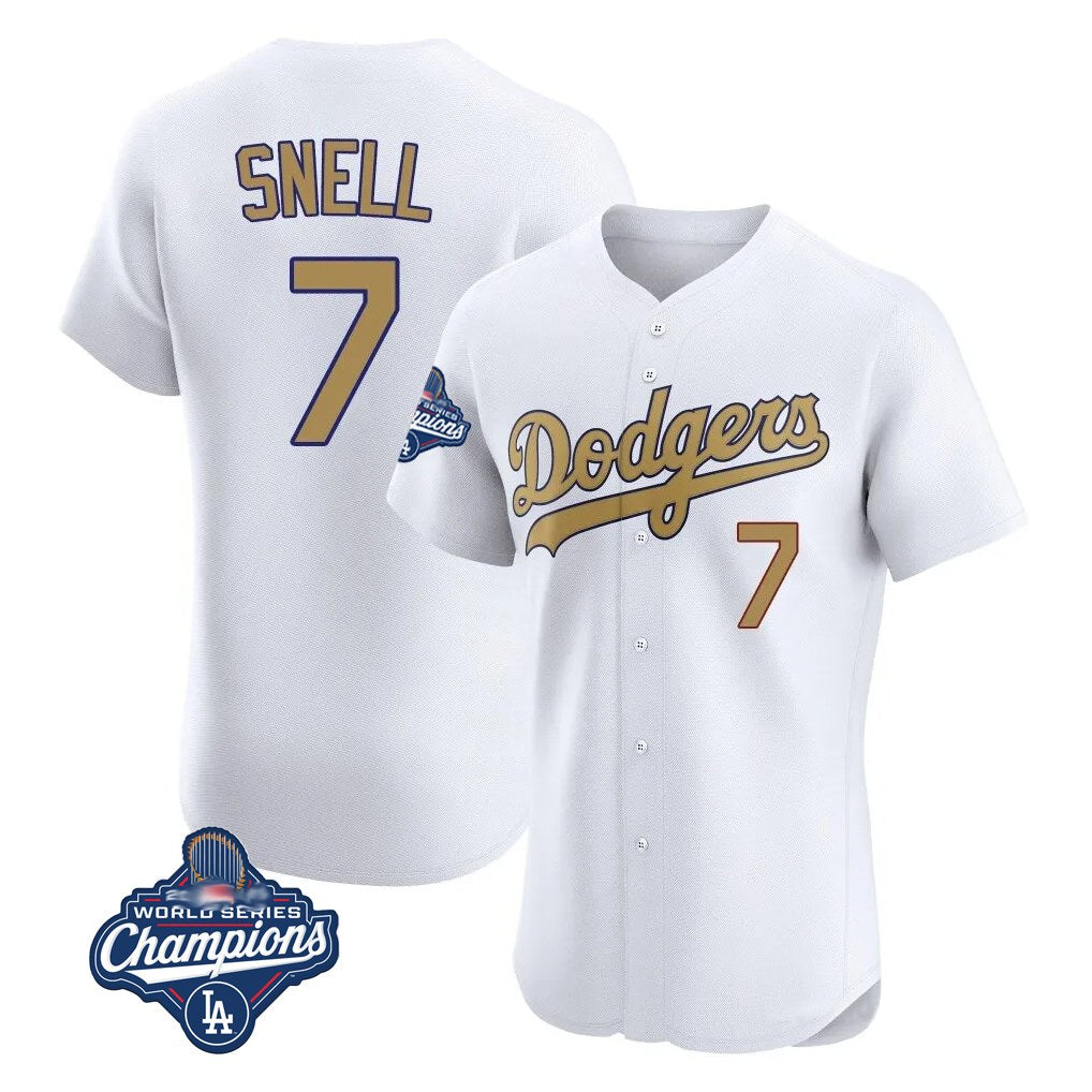 Los Angeles Dodgers #7 Blake Snell Player White Gold HOLBERT World Series Meet Limited Elite Home Stitched Jerseys