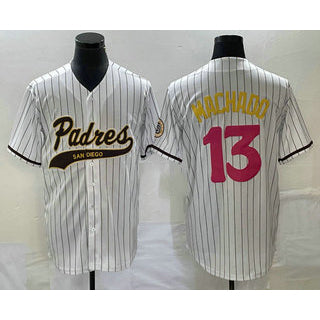 San Diego Padres #13 Manny Machado White HOLBERT Pinstripe 2023 City Connect Cool Base Stitched Jersey 2