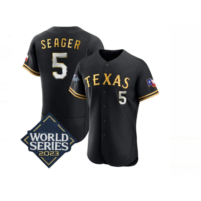 Texas Rangers #5 Corey Seager Black Gold HOLBERT 2023 World Series Flex Base Stitched Jersey