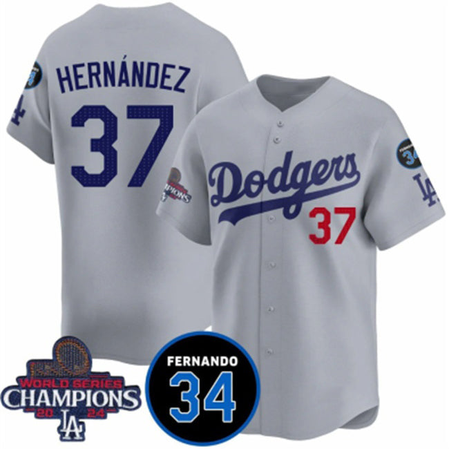 Los Angeles Dodgers #37 Teoscar Hernandez Gray HOLBERT 2024 World Series Champions With Fernando Memorial Patch Vapor Premier Limited Stitched Jersey