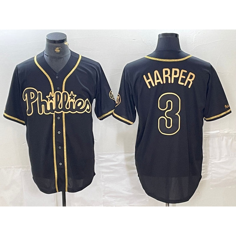 Philadelphia Phillies #3 Bryce Harper Black Gold HOLBERT Cool Base Stitched Jersey