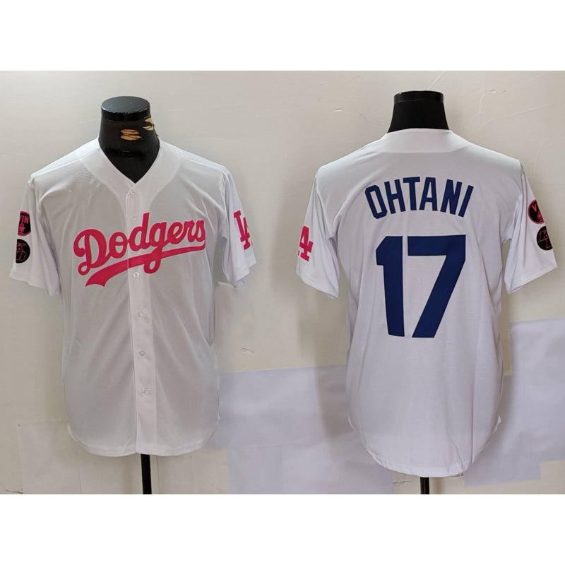 Los Angeles Dodgers #17 Shohei Ohtani White Pink HOLBERT Vin & Kobe Patch Stitched Jersey 2