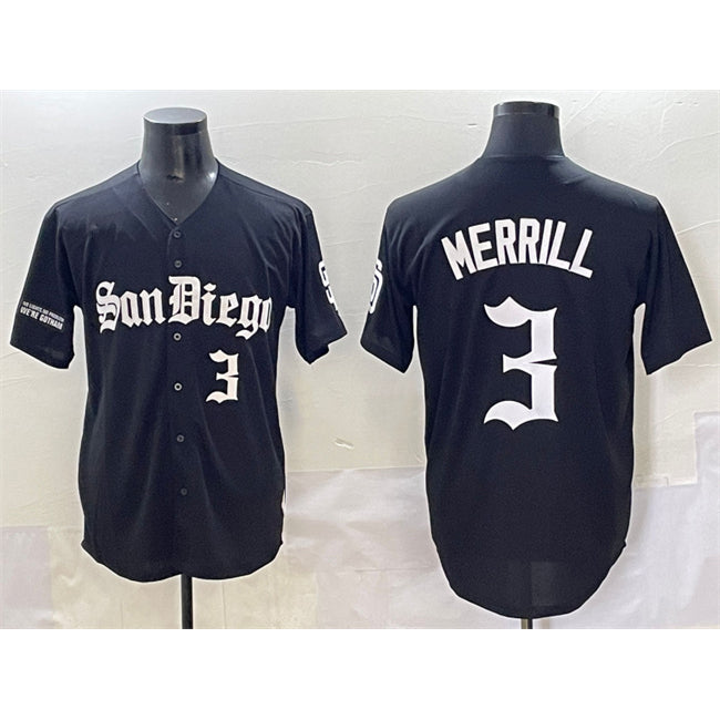 San Diego Padres #3 Jackson Merrill Black HOLBERT Gothic Edition Vapor Limited Stitched Jersey